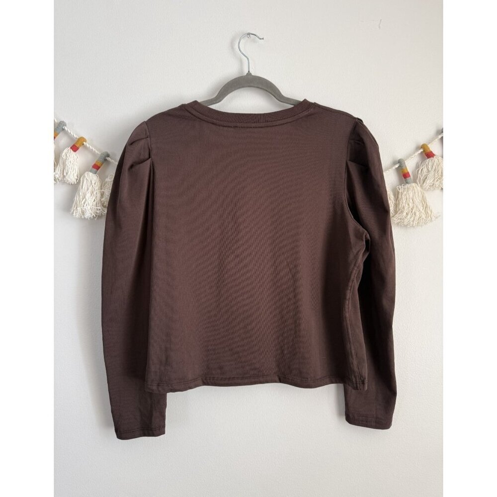 Elie Tahari 100% Cotton Brown Puff Sleeve Boxy Top Basics Minimalist Neutral XL - Picture 2 of 9